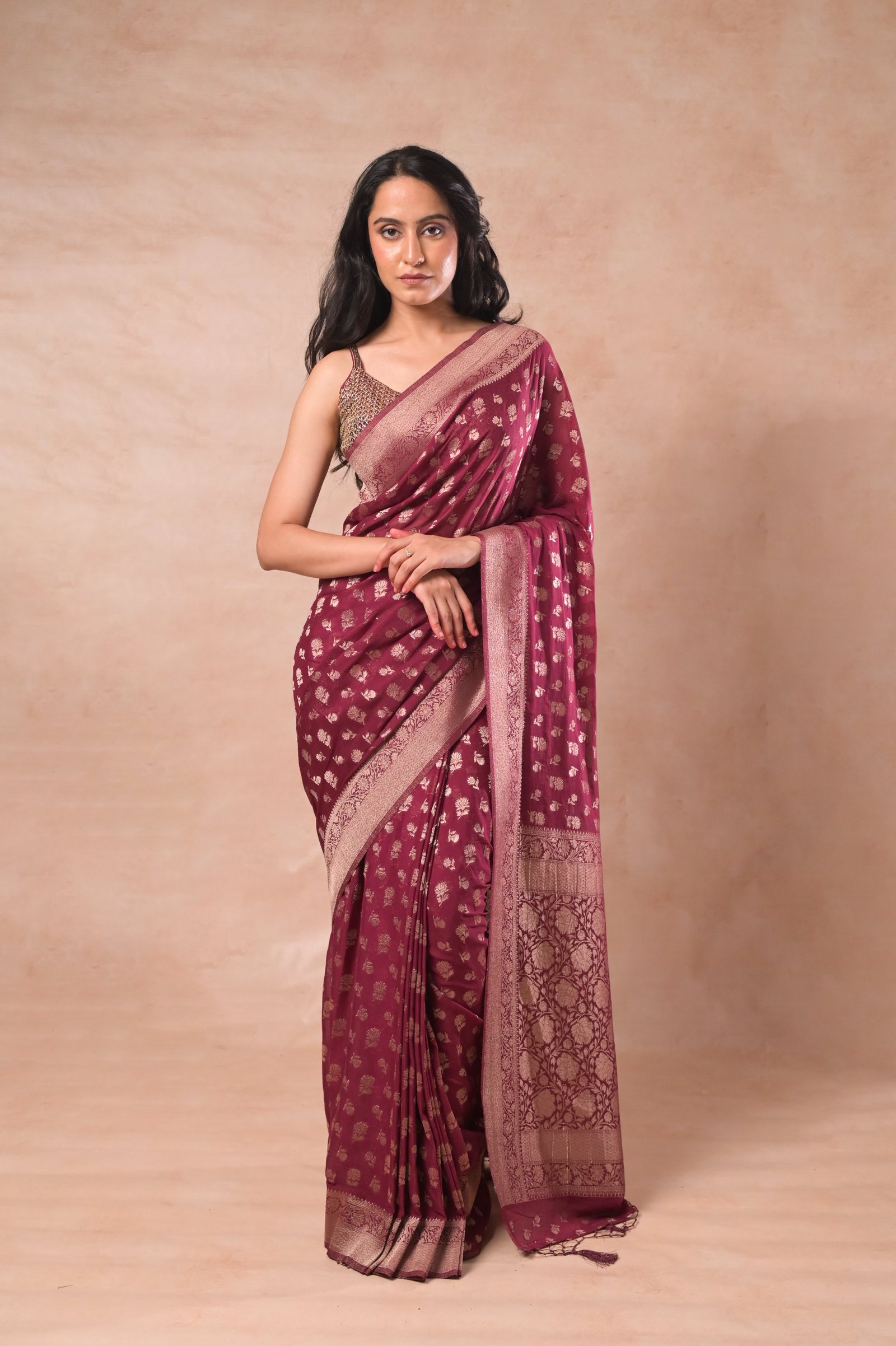 Wine Maroon Khaddi Georgette Banarasi Saree with Antique Zari Buti & Floral Jaal Pallu